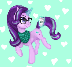 Size: 1300x1200 | Tagged: safe, artist:gingerady, starlight glimmer, pony, unicorn, g4, coffee, ear piercing, earring, female, glasses, glowing horn, hipster, horn, jewelry, magic, mare, piercing, solo, starbucks, telekinesis