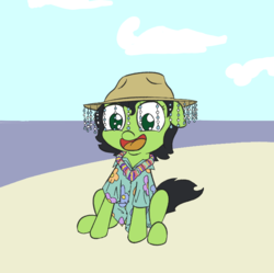 Size: 765x762 | Tagged: safe, artist:happy harvey, oc, oc only, oc:anon, oc:filly anon, pony, beach, clothes, cloud, colored, female, filly, floppy ears, happy, hat, hawaiian shirt, lei, ocean, open mouth, phone drawing, sand, shirt, sitting, solo