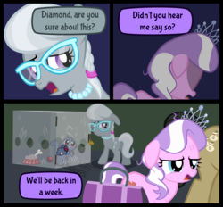 Size: 2000x1857 | Tagged: safe, artist:magerblutooth, diamond tiara, filthy rich, silver spoon, oc, oc:dazzle, cat, earth pony, pony, comic:diamond and dazzle, g4, ball, butt, cage, comic, female, filly, foal, food, jewelry, plot, scratching, splitting, suitcase, tiara, trip, vector