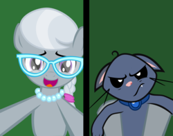Size: 800x628 | Tagged: safe, artist:magerblutooth, silver spoon, oc, oc:dazzle, cat, pony, comic:diamond and dazzle, g4, female, filly, foal, vector