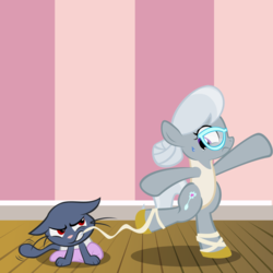 Size: 800x800 | Tagged: safe, artist:magerblutooth, silver spoon, oc, oc:dazzle, cat, pony, comic:diamond and dazzle, g4, ballet, clothes, dancing, female, filly, foal, leotard, monday, tutu