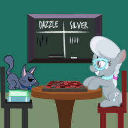 Size: 800x800 | Tagged: safe, artist:magerblutooth, silver spoon, oc, oc:dazzle, cat, pony, comic:diamond and dazzle, g4, book, chair, checkers, female, filly, foal, match, vector