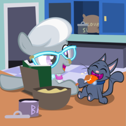 Size: 800x800 | Tagged: safe, artist:magerblutooth, silver spoon, oc, oc:dazzle, cat, earth pony, pony, comic:diamond and dazzle, g4, baking, book, bowl, cookbook, cooking, duo, eyes closed, female, filly, flour, foal, food, kitchen, licking, mixing bowl, open mouth, smiling, spoon, sugar (food), this will end in weight gain, tongue out