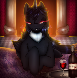 Size: 1296x1308 | Tagged: safe, artist:shadydemonwolf, oc, oc only, oc:moonlight raven, alicorn, pony, alcohol, alicorn oc, choker, come hither, evil, eye mist, feather, smiling, smirk, solo, sombra eyes, wine