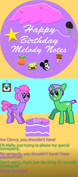 Size: 998x2249 | Tagged: safe, artist:employeeamillion, oc, oc only, oc:clever clop, oc:melody notes, pegasus, pony, unicorn, birthday, food, ice cream, mickey mouse, microphone, pineapple, spongebob squarepants, text