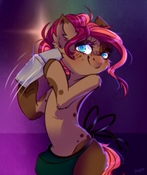 Size: 1940x2311 | Tagged: safe, artist:ruef, oc, oc only, oc:ruef, earth pony, pony, bartender, blue eyes, blushing, female, looking at you, mare, smiling, solo
