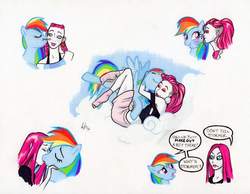 Size: 1280x992 | Tagged: safe, artist:manly man, rainbow dash, pony, g4, crack shipping, crossover, female, interspecies, jem and the holograms, kimber benton, kimberdash, kissing, lesbian, not pinkamena, shipping, signature, simple background, white background