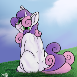 Size: 1280x1280 | Tagged: safe, artist:greyscaleart, sweetie belle, pony, unicorn, g4, blushing, female, looking at you, looking back, looking back at you, mare, older, older sweetie belle, sitting, smiling, solo