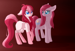 Size: 1024x700 | Tagged: dead source, safe, artist:php146, pinkie pie, oc, oc:amai, earth pony, pony, g4, bandana, duo, female, floppy ears, looking at each other, looking back, mare, pinkamena diane pie
