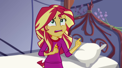 Size: 1280x720 | Tagged: safe, screencap, sunset shimmer, equestria girls, g4, my little pony equestria girls: legend of everfree, bed, clothes, female, open mouth, pajamas, pillow, solo