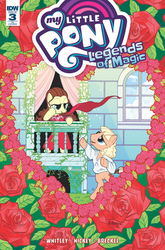Size: 597x906 | Tagged: safe, artist:paulabstruse, idw, pony, legends of magic, spoiler:comic, spoiler:comiclom3, balcony, bipedal, clothes, cover, female, flower, heart, male, ponified, preview, romeo and juliet, rose, serenade, straight