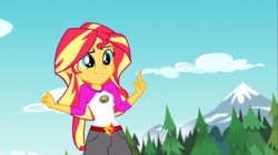 Size: 1100x618 | Tagged: safe, screencap, sunset shimmer, equestria girls, g4, my little pony equestria girls: legend of everfree, camp everfree outfits, clothes, cloud, embrace the magic, female, mountain, shorts, sky, solo