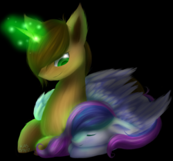 Size: 1094x1018 | Tagged: safe, artist:stardustlily03, oc, oc only, oc:game play, oc:specialty, pegasus, pony, unicorn, female, magic, male, mare, prone, sleeping, stallion