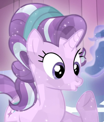 Size: 840x980 | Tagged: safe, screencap, starlight glimmer, crystal pony, pony, g4, the crystalling, alternate hairstyle, cropped, crystallized, duckface, headband, raised hoof, solo focus