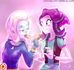 Size: 958x900 | Tagged: safe, artist:manic-the-lad, starlight glimmer, trixie, equestria girls, equestria girls specials, g4, beanie, crackers, cute, diatrixes, food, hat, patreon, patreon logo, peanut butter, peanut butter crackers, that human sure does love peanut butter crackers