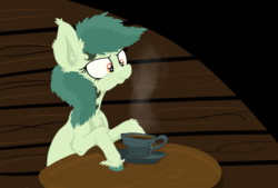 Size: 2398x1621 | Tagged: safe, artist:paskanaakka, derpibooru exclusive, oc, oc only, oc:bittergreen, earth pony, pony, chest fluff, colored hooves, cup, ear fluff, female, food, mare, solo, steam, table, tea, teacup, unshorn fetlocks