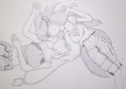 Size: 958x676 | Tagged: safe, artist:zalla661, applejack, octavia melody, human, g4, appletavia, belly button, blushing, clothes, female, humanized, lesbian, midriff, monochrome, partial color, shipping, traditional art