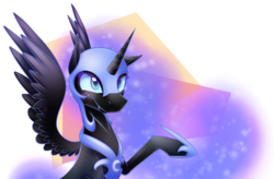 Size: 2300x1506 | Tagged: safe, artist:fanch1, nightmare moon, alicorn, pony, g4, abstract background, armor, cute, cute little fangs, fangs, female, freckles, horn, moonabetes, raised hoof, smiling, solo, wings