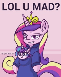 Size: 720x909 | Tagged: safe, artist:plunger, princess cadance, princess flurry heart, alicorn, pony, g4, 4chan, clothes, crown, drawthread, foal, jewelry, lol, looking at you, meme, ponified, regalia, smiling, sweater, u mad