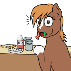 Size: 1000x1000 | Tagged: safe, artist:mkogwheel, earth pony, pony, 4chan, alcohol, bacon, beer, drawthread, food, meat, poker chips, ponies eating meat, ponified, sergeant reckless, solo, warpone