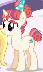 Size: 469x773 | Tagged: safe, screencap, honey lemon, moondancer's sister, morning roast, pony, unicorn, amending fences, g4, bushy brows, cropped, female, hat, mare, offscreen character, party hat, thick eyebrows
