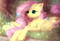 Size: 2800x1900 | Tagged: safe, artist:peachmayflower, fluttershy, butterfly, pegasus, pony, g4, creek, crepuscular rays, female, grass, looking at something, mare, prone, solo, water