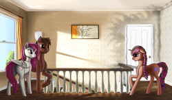 Size: 2046x1193 | Tagged: safe, artist:lightly-san, oc, oc only, pegasus, pony, unicorn, commission, door, family, female, house, looking at each other, male, mare, raised hoof, stallion, sunlight, surprised, trio, window