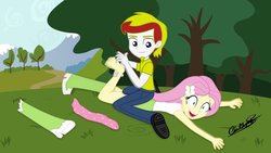 Size: 1024x576 | Tagged: safe, artist:cesar3o0, fluttershy, oc, oc:lucky charm, equestria girls, g4, boots, canon x oc, clothes, crying, facial hair, feet, female, fetish, flucky, foot fetish, goatee, male, on back, open mouth, shoes, show accurate, socks, straight, tickle fetish, tickle torture, tickling