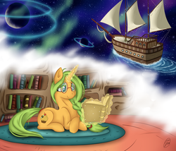 Size: 2450x2100 | Tagged: safe, artist:deadliestvenom, oc, oc only, oc:honey nevaeh, pony, book, glasses, high res, magic, planet, reading, ship, solo, space, spaceship, stars, water
