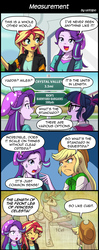Size: 800x2020 | Tagged: safe, artist:uotapo, applejack, princess celestia, sci-twi, starlight glimmer, sunset shimmer, twilight sparkle, human, pony, equestria girls, equestria girls specials, g4, mirror magic, beanie, clothes, comic, cowboy hat, dialogue, female, hat, mare, shirt, sign, smiling, speech bubble, stetson