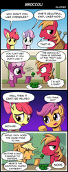 Size: 800x2020 | Tagged: safe, artist:uotapo, apple bloom, applejack, big macintosh, cheerilee, scootaloo, sweetie belle, earth pony, pony, g4, apple siblings, apple sisters, bow, broccoli, brother and sister, comic, cowboy hat, cutie mark crusaders, dialogue, female, filly, foal, food, freckles, hair bow, hat, male, mare, shipping denied, siblings, sisters, speech bubble, stallion, stetson
