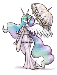 Size: 977x1280 | Tagged: safe, artist:king-kakapo, princess celestia, alicorn, anthro, unguligrade anthro, g4, arm hooves, clothes, crown, dress, female, jewelry, looking back, looking over shoulder, mare, rear view, regalia, simple background, solo, tail, tail hole, umbrella