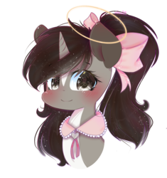 Size: 1343x1429 | Tagged: safe, artist:windymils, oc, oc only, oc:felix, pony, unicorn, art trade, blushing, bow, bust, female, hair bow, halo, looking at you, mare, portrait, simple background, smiling, solo, transparent background