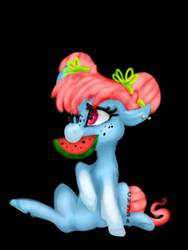 Size: 768x1024 | Tagged: safe, artist:c-h-y-a, earth pony, pony, black background, cute, eating, female, food, herbivore, mare, mouth hold, simple background, sitting, solo, watermelon