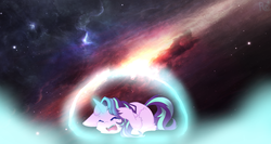 Size: 800x427 | Tagged: safe, artist:nazliarc, starlight glimmer, pony, unicorn, g4, crying, eyes closed, female, force field, prone, solo