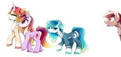 Size: 3860x1837 | Tagged: safe, artist:magnaluna, princess celestia, princess luna, twilight sparkle, oc, oc only, oc:afterlight, oc:crystal moon, oc:destiny, alicorn, pony, unicorn, alter ego, cheek fluff, chest fluff, chin fluff, colored hooves, colored pupils, curved horn, disguise, eyes closed, female, floppy ears, galaxy mane, heart, horn, leg fluff, lidded eyes, mare, open mouth, pale belly, simple background, tongue out, twilight sparkle (alicorn), white background, wingding eyes