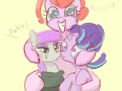 Size: 615x461 | Tagged: safe, artist:noupu, maud pie, pinkie pie, starlight glimmer, pony, g4, rock solid friendship, female, lesbian, pinkie the shipper, shipper on deck, shipping, starmaud