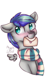 Size: 446x728 | Tagged: safe, artist:angelic-shield, oc, oc only, oc:storm feather, pony, blushing, clothes, cute, letter, love letter, scarf, simple background, solo, transparent background