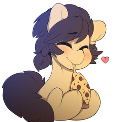 Size: 1280x1334 | Tagged: safe, artist:kribbles, oc, oc only, oc:kribbles, earth pony, pony, blushing, eyes closed, food, happy, heart, nom, pizza, solo