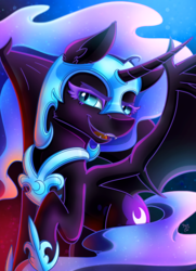 Size: 1446x2000 | Tagged: safe, artist:midnightsix3, nightmare moon, alicorn, pony, g4, fangs, female, helmet, hoof shoes, mare, open mouth, smiling, solo
