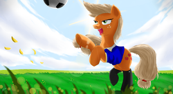 Size: 4200x2300 | Tagged: safe, artist:j24262756, applejack, earth pony, pony, g4, clothes, female, football, grass, hatless, high res, jersey, jha, kicking, leaves, missing accessory, rearing, socks, solo, sweat, windswept mane