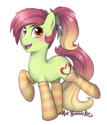 Size: 2146x2503 | Tagged: safe, artist:askbubblelee, oc, oc only, oc:artline, earth pony, pony, unicorn, art trade, blushing, bow, clothes, cute, female, hair bow, heart, heart eyes, high res, looking at you, mare, open mouth, ponytail, raised hoof, raised leg, simple background, smiling, socks, solo, stockings, striped socks, thigh highs, transparent background, wingding eyes