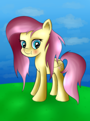 Size: 812x1086 | Tagged: safe, artist:brok-enwings, fluttershy, pegasus, pony, g4, blushing, female, folded wings, grass, looking at you, mare, solo, standing