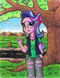 Size: 5100x6617 | Tagged: safe, artist:artponymdp, starlight glimmer, equestria girls, equestria girls specials, g4, my little pony equestria girls: mirror magic, absurd resolution, beanie, clothes, female, hat, peace sign, sign, solo, stop sign, street, torn clothes, traditional art, tree