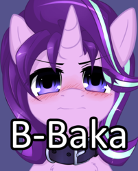 Size: 1957x2436 | Tagged: safe, artist:duop-qoub, starlight glimmer, pony, unicorn, g4, baka, blue background, blushing, collar, female, looking at you, pet glimmer, simple background, solo, tsundere, tsunlight glimmer