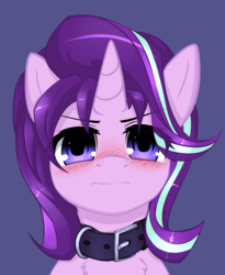 Size: 2318x2831 | Tagged: source needed, safe, artist:duop-qoub, starlight glimmer, pony, unicorn, g4, blushing, bust, chest fluff, collar, cute, female, glimmerbetes, high res, looking at you, mare, pet glimmer, pony pet, simple background, solo