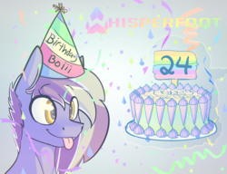 Size: 1280x982 | Tagged: safe, artist:whisperfoot, oc, oc only, oc:berry frost, pony, :p, birthday, birthday cake, cake, confetti, cute, food, hat, pastel, smiling, solo, tongue out