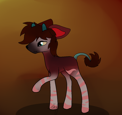 Size: 900x850 | Tagged: safe, artist:digitalflyer, oc, oc only, okapi, pony, abstract background, raised hoof, signature, smiling, solo, standing
