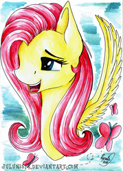 Size: 1280x1789 | Tagged: safe, artist:julunis14, fluttershy, butterfly, pegasus, pony, g4, bust, cute, female, mare, open mouth, portrait, smiling, solo, spread wings, traditional art, wings