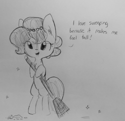 Size: 1280x1244 | Tagged: safe, artist:tjpones, oc, oc only, oc:brownie bun, earth pony, pony, horse wife, bipedal, broom, chest fluff, cute, dialogue, dirt, ear fluff, grayscale, hoof hold, monochrome, ocbetes, solo, sparkles, sweeping, traditional art